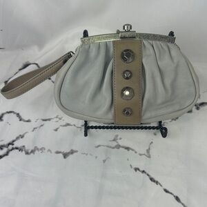 Kenneth Cole Studded Leather Wristlet Cutch Gray with Taupe Accents Silver Studs
